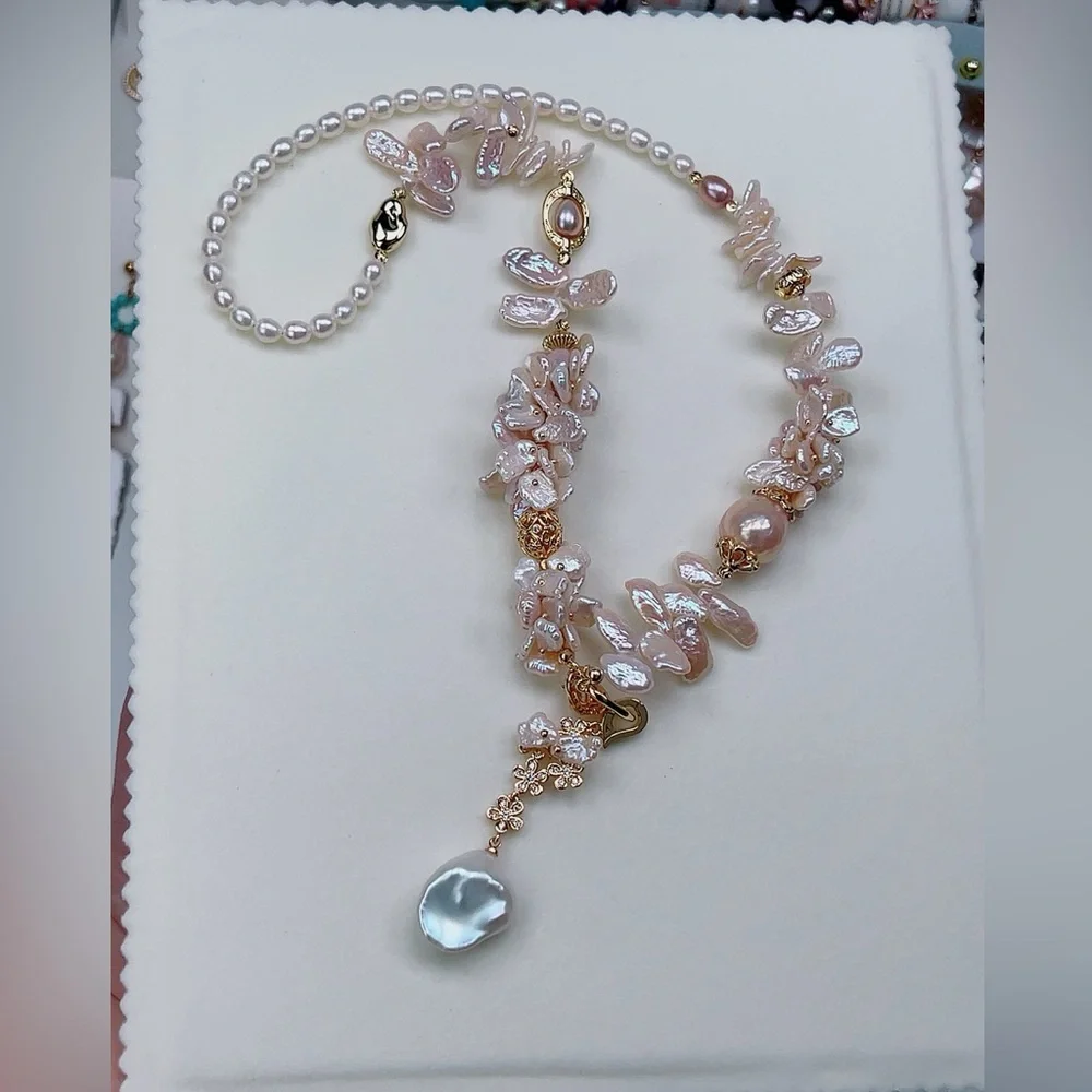 21. Handmade Flower Petal Shape Freshwater Baroque Pearls Necklace - Picture 2 of 2